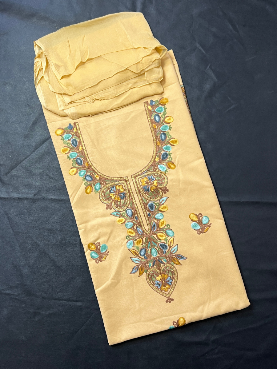 Kashmiri Botti Aari 3 Piece Unstitched Suit | Light Yellow